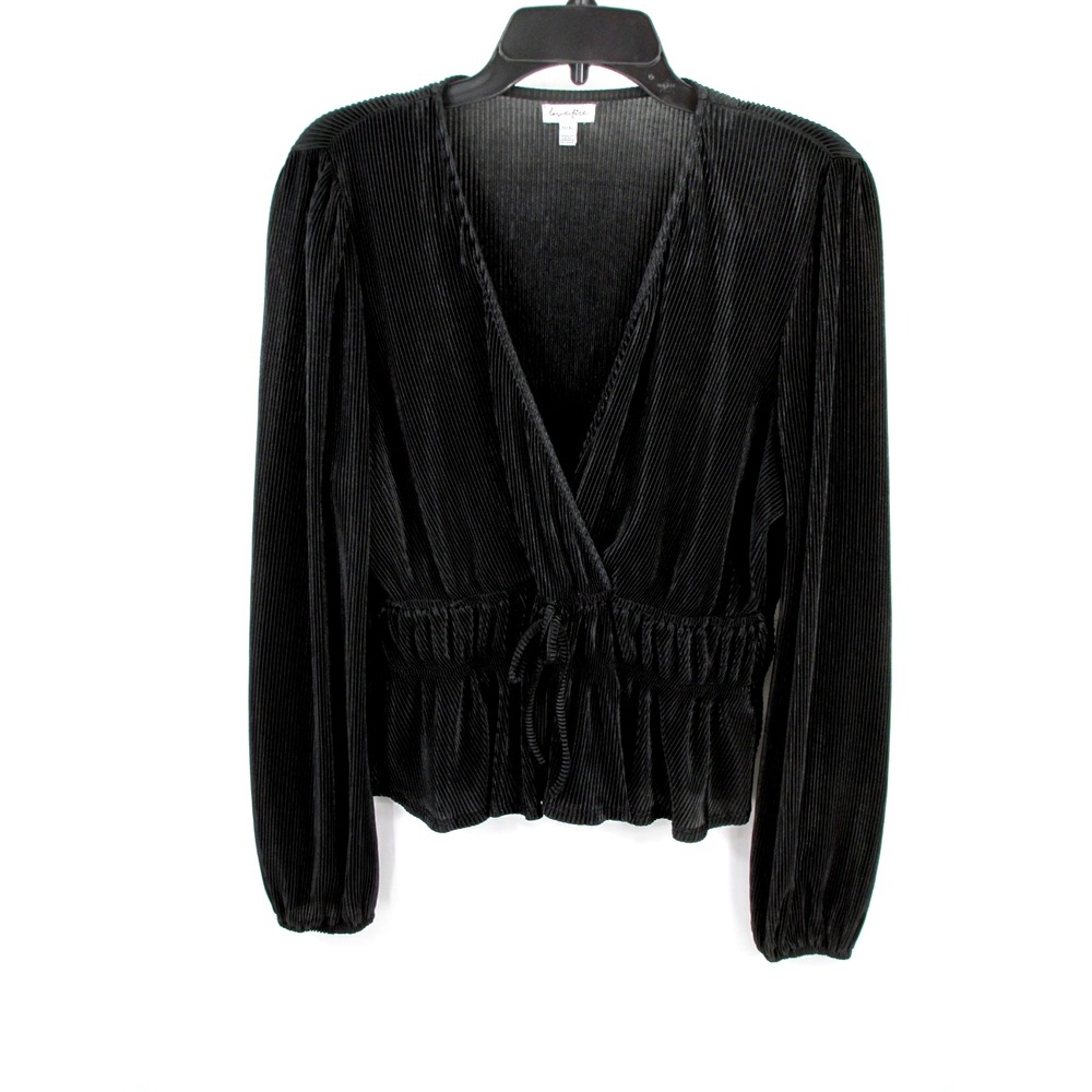 Love Fire Black Ribbed Peplum Blouse Women XL V-Neck Long Sleeve FTKB924